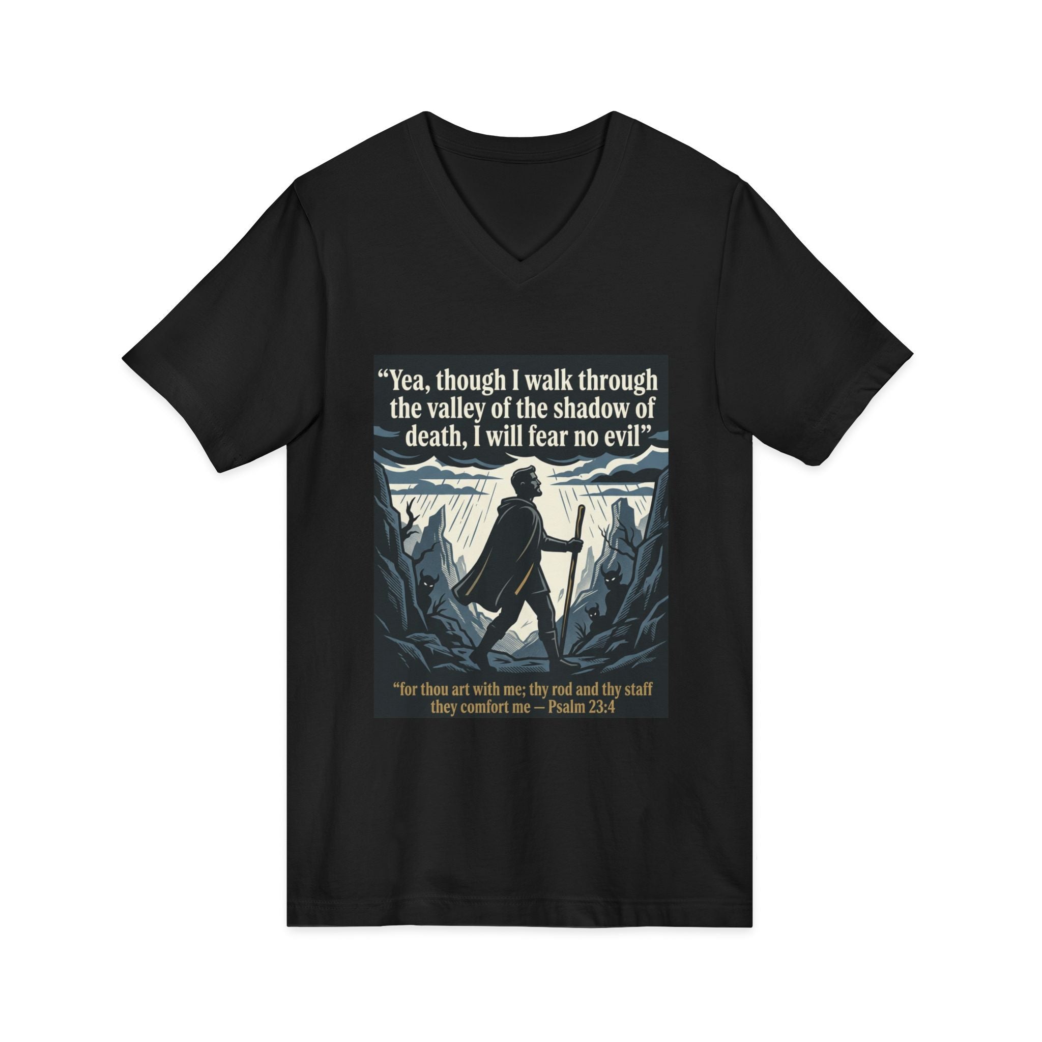 "Yea, though I walk... I will fear no evil" - Unisex Jersey Sleeve V-Neck Tee