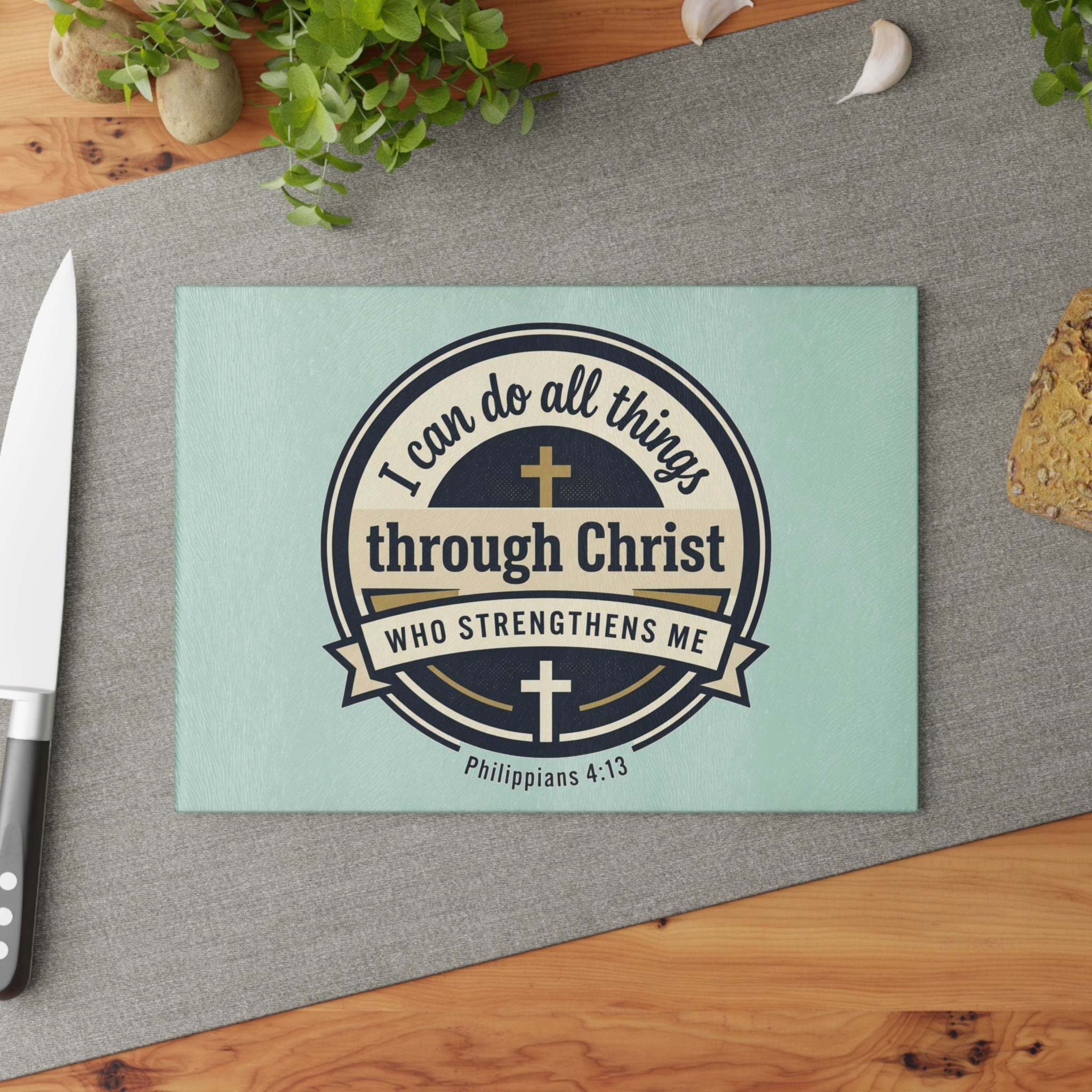 Glass Cutting Board — "I Can Do All Things Through Christ" Christian Kitchen Decor