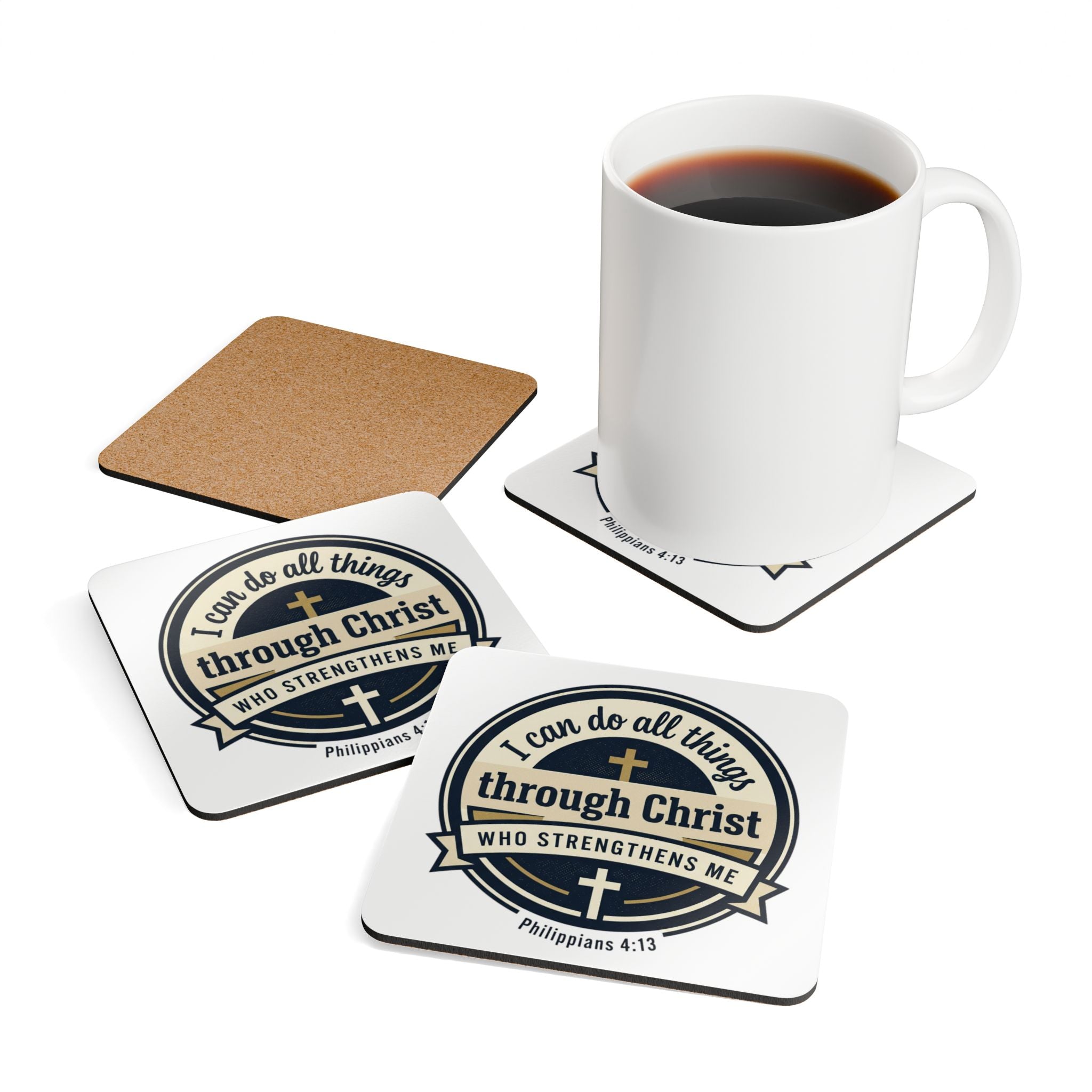 Philippians 4:13 Verse Graphic — Corkwood Coaster Set (4pc)