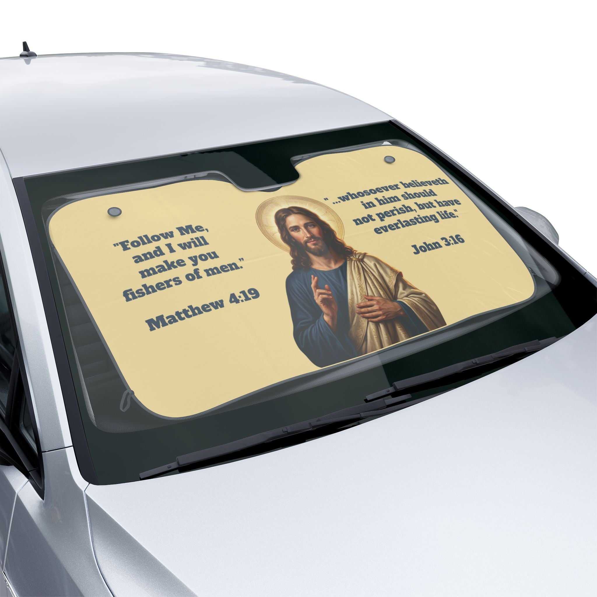 Jesus Graphic & Bible Verses (Matthew 4:19, John 3:16) Car Sun Shade