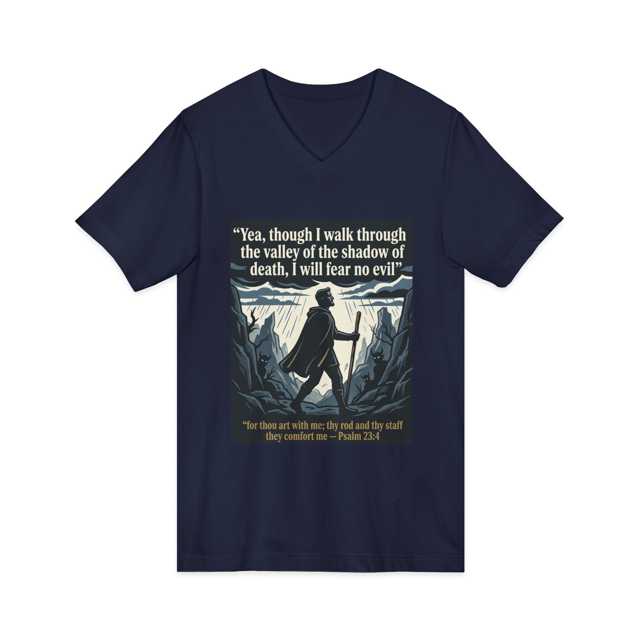 "Yea, though I walk... I will fear no evil" - Unisex Jersey Sleeve V-Neck Tee